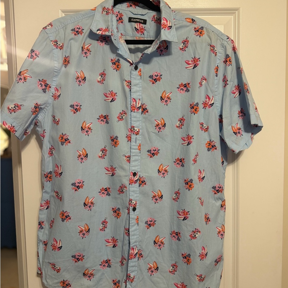 Express Men's Light Blue Floral Button Down Shirt